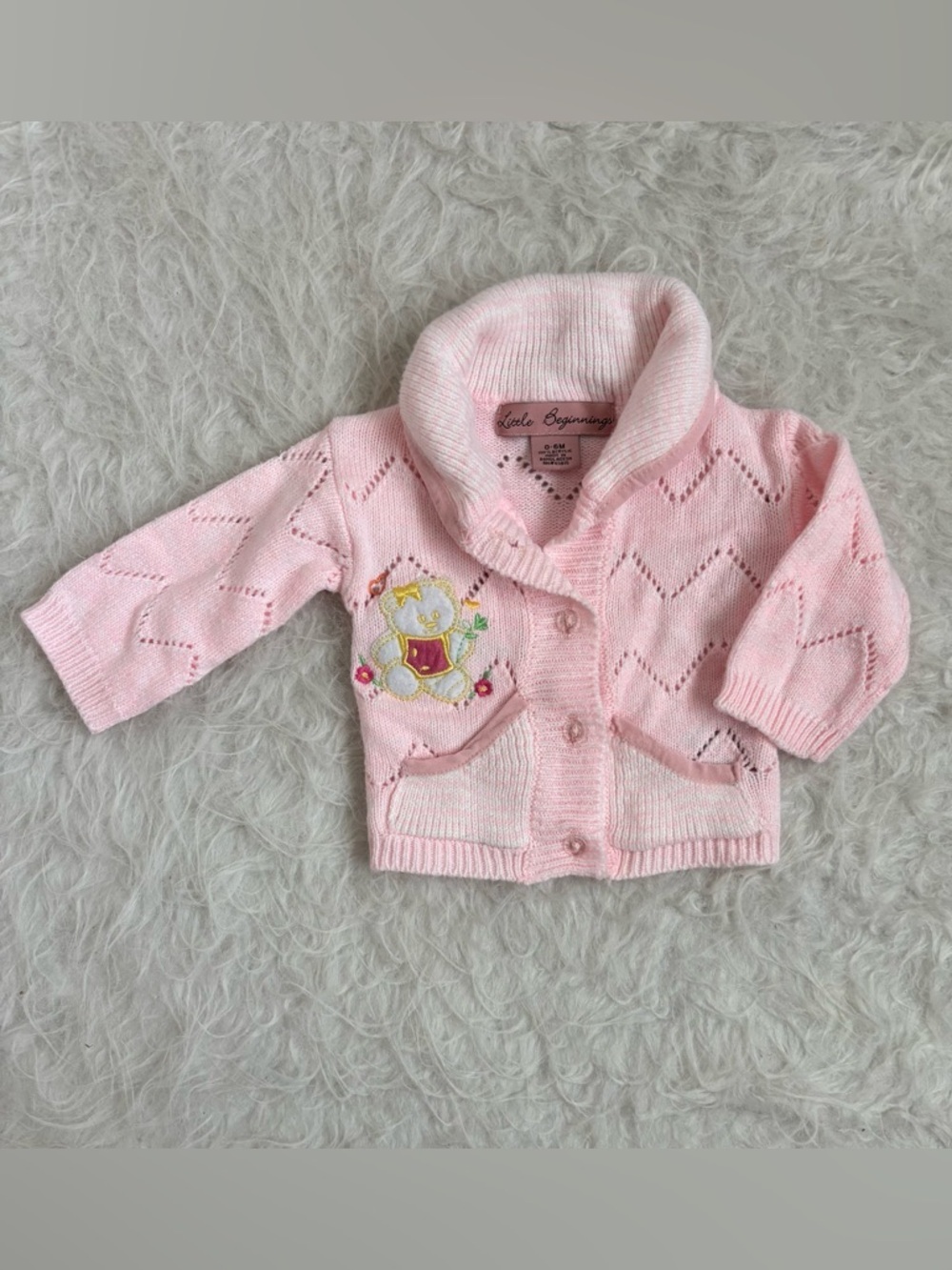 Little Beginnings Pink Shawl-Collar Knit Cardigan with Embroidered Bear